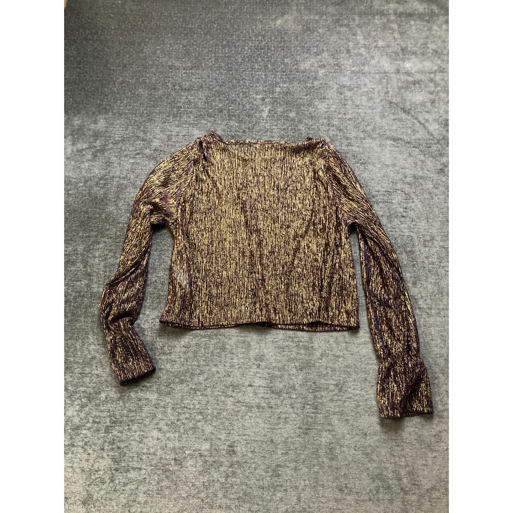 Zara Crop Blouse Top Women Medium Purple Gold Metallic Sheer Elastic Ruched Cuff